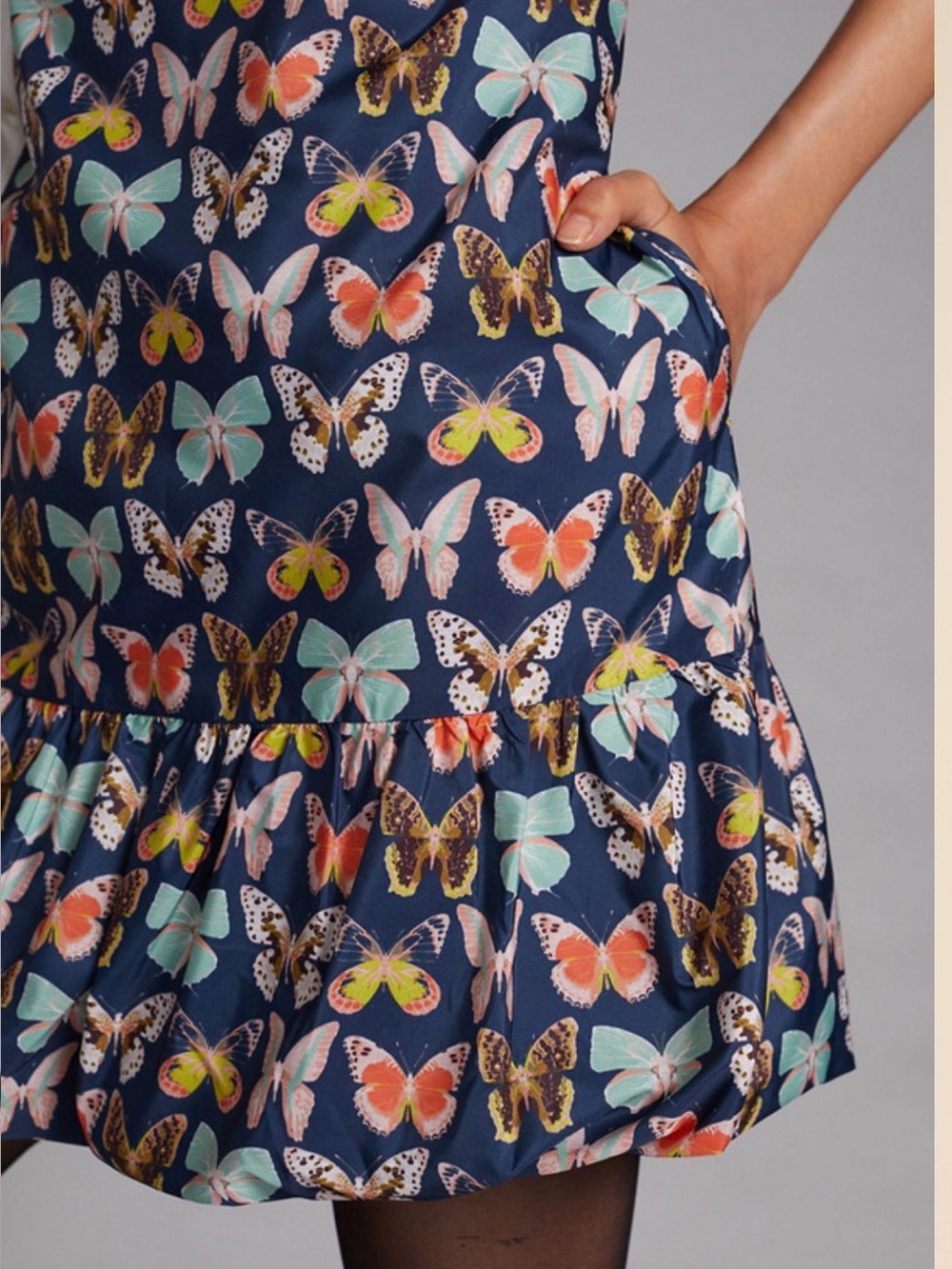 Maeve Butterfly Mod Mini Dress Navy Print Ruffle-Hem Dress pockets 6p petite - Picture 4 of 11